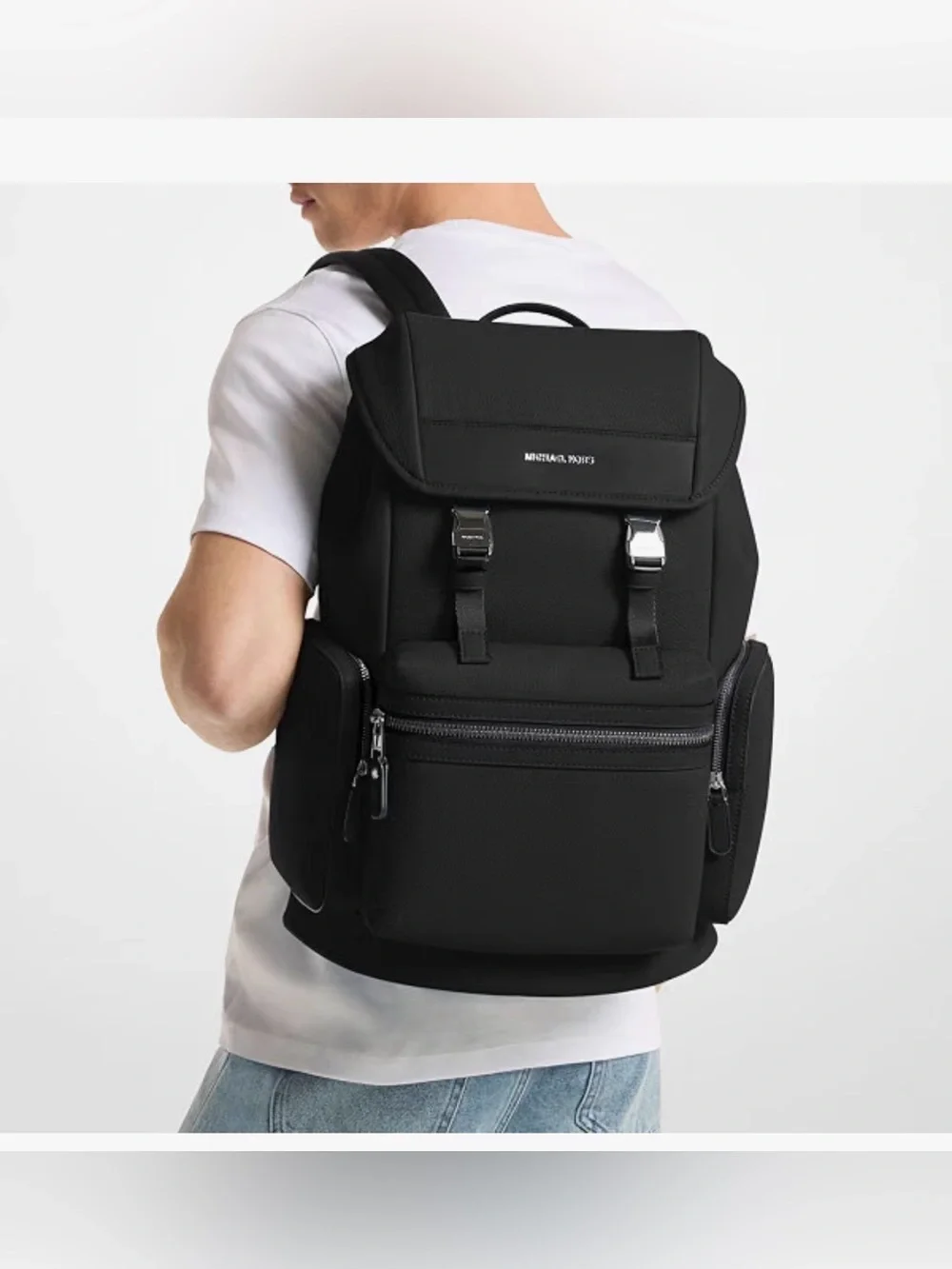 Michael Kors Black Pebbled Leather Flap Backpack